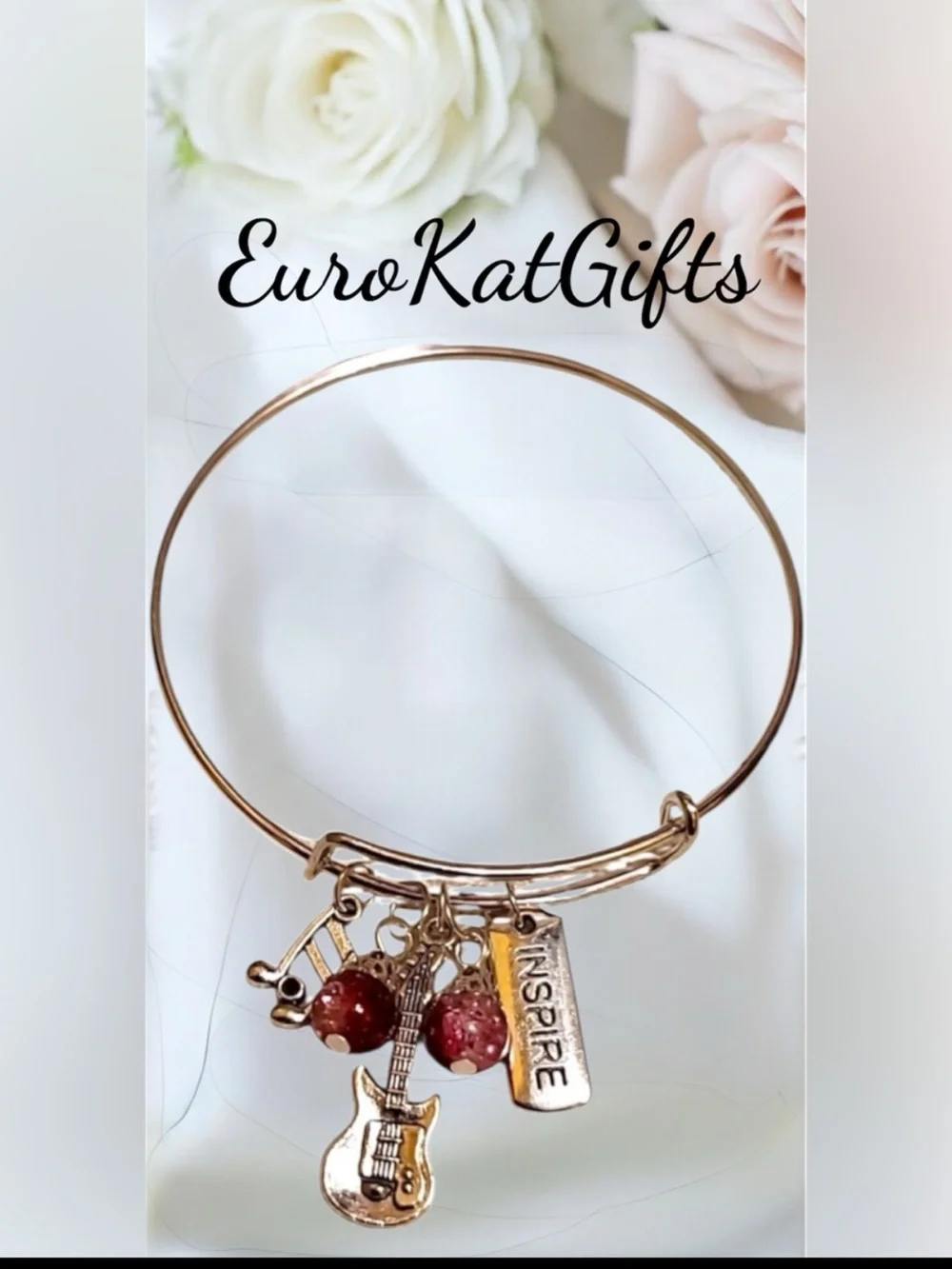 Elegant Charm Bracelet Guitar musical note charms and Red Accent beads NEW NWT